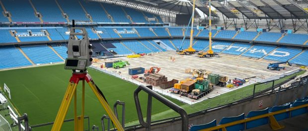 Peacock Precision carrying out work to survey and install giant screens at Manchester City’s Etihad Stadium.